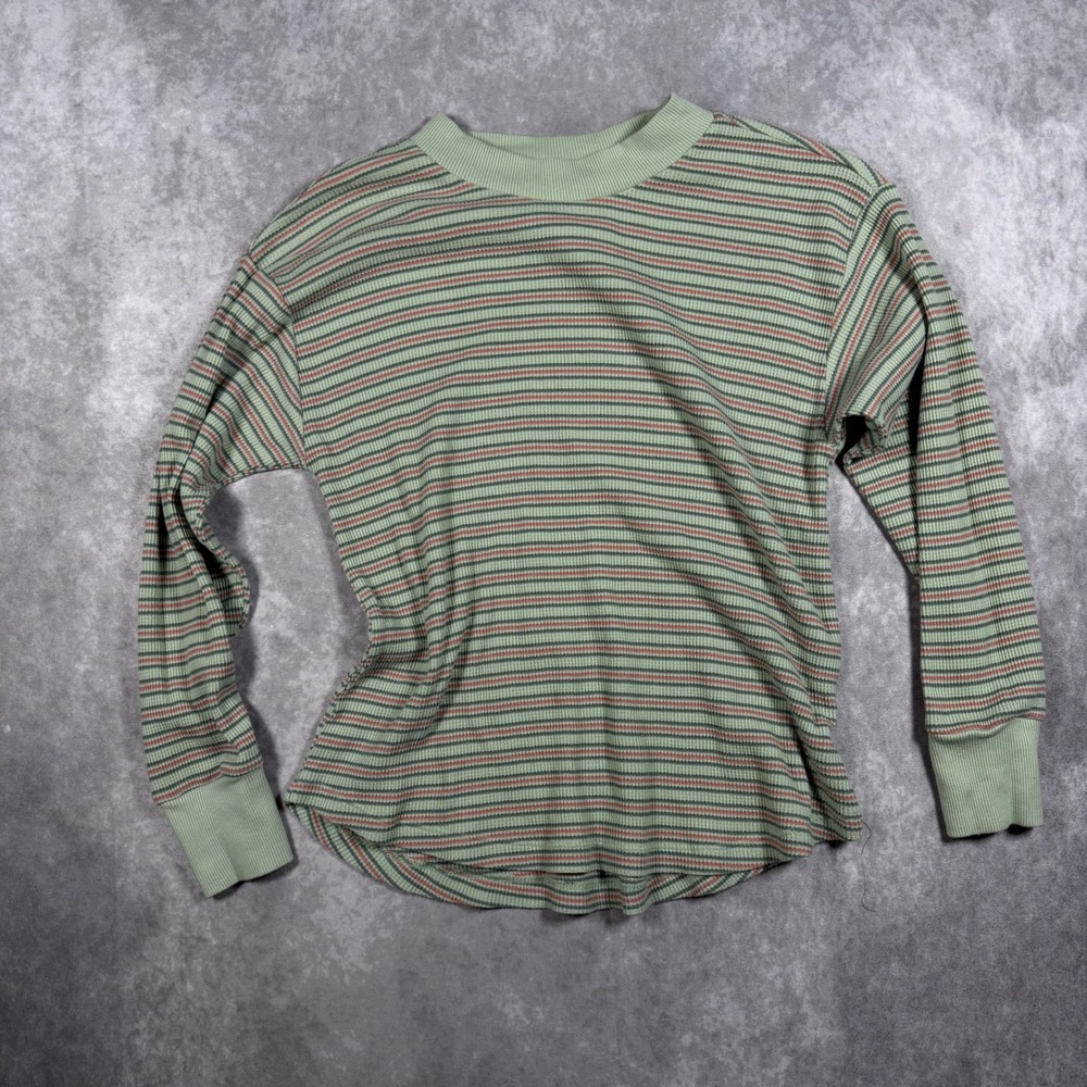 Sonoma Women's M Sage Green Striped Waffle Knit Thermal Top Cottagecore Cozy